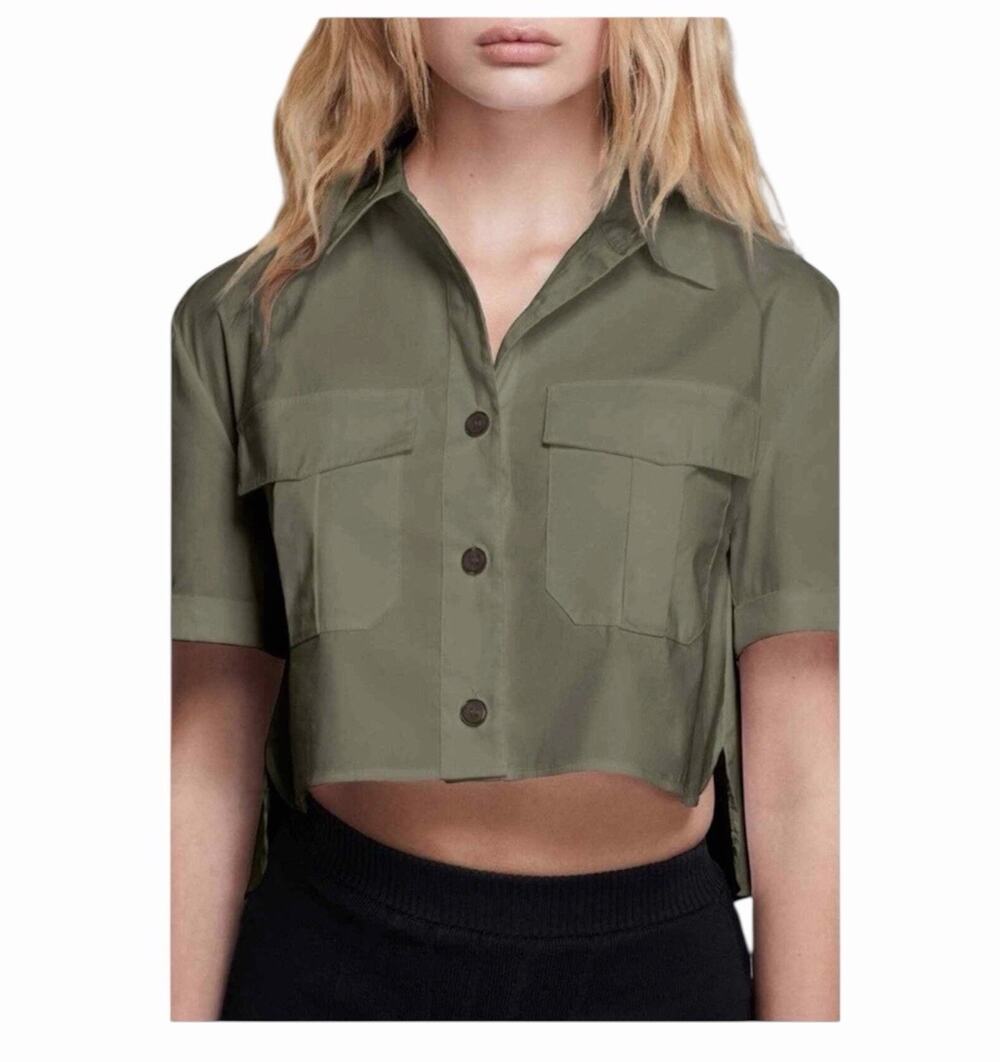 Good American The Cropped Shirt Sage Green Button Down Pocket Top NWT